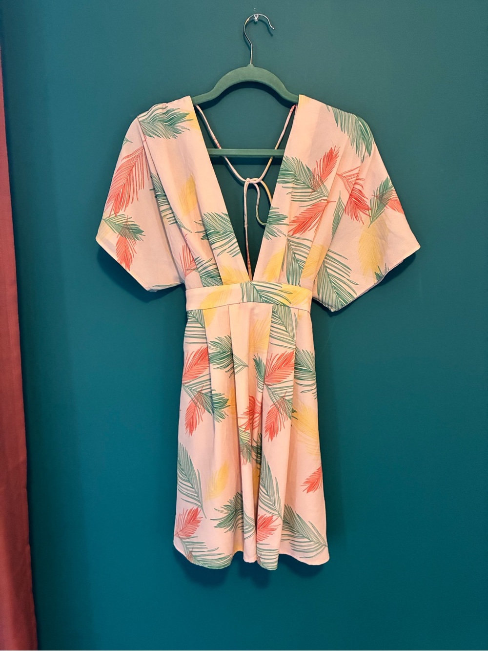 H&M Pink Mini Dress with Green, Coral and Yellow Leaf Print